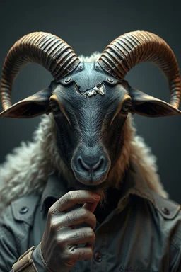 a portrait of a broken head mechanic, man is eating a hybrid mixed body part sheep, super giant eyed sheep alien style H.R giger look, detective goat master