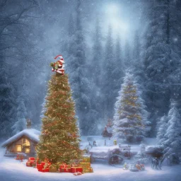 foto realistic winter house with a illuminated christmas tree and santa claus bringing presents in the night