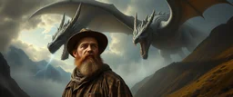master oil painting by Rembrandt, close up portrait of farmer in valdres below raging dragon, light beams through volume fog sky in mountain pass, dragon cast spells of lightening