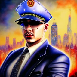 water color and spray paint art,pit-bull mafia boss with hat, holding up auto-pistol and wearing suit, city streets in background,run for cover, book illustration