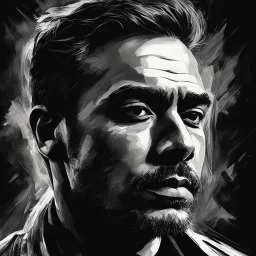 chiaroscuro portrait illustration of Marlon Moreno in the style of threadbare abstract expressionism, ebony , black, and pewter , vintage abstract cut-and-paste, ricoh gr iii, editorial illustrations, fine lines, highly detailed hair and facial features