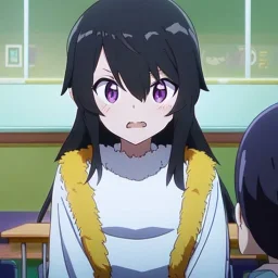 Clear focus, High resolution,a anime kid, roughline skecth, cute, cartoony style,interesting hair between eyes,black hair,, fluffy hair,long bangs,purple eyes, front view, anime screencap,background is a classroom, screaming and blushing