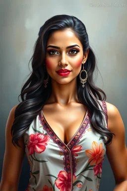 A radiant Indian fitness woman, exuding health and vitality with her glossy lips, glowing skin, and silky hair. She is depicted in a dynamic pose, wearing a designer satin sleeveless deep-neck 3D floral kurta. The image is a hyper-realistic oil painting that captures every intricate detail of her beauty. The vibrant colors and attention to detail in this exquisite painting elevate it to a truly stunning piece of art, showcasing the woman's undeniable allure and strength.