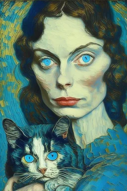 brunette woman with blue eyes holding cat by van gogh