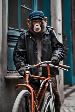 a monkey with a wrench in its hand, beside a Puch Velo