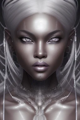 moon goddess, black skin, african, silver white hair, silver eyes, extremely beautiful, detailed portrait