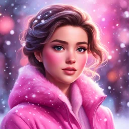 Digital painting of a beautiful girl in a stylish pink jacket, front view, Elsa's face, dark hair, hazel eyes, rosy cheeks, pink lips, Disney art, snowfall, colorful bokeh background, digital painting style, High Quality, 4k