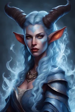 generate a dungeons and dragons character portrait of a female tiefling sorceress who uses ice magic