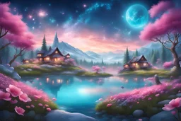 Fantasy cities with magical cabins in the background , sweet hills, frozen turquoise lake in the foreground, magical landscape, magical atmosphere, a lot of details,, pink flowers over there, luminous blue sky with stars, a lot of sparks of light everywhere