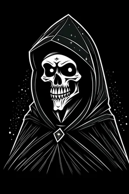 hanna-barbera grim skeleton in a black hooded cloak drawn in a retro mascot style, inside a light diamond shape on a black background, monochromatic