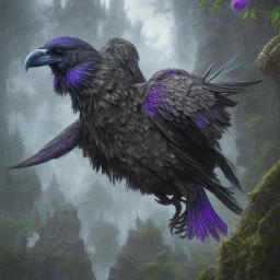 angry Raven warrior in black and purple battle armor, a highly detailed illustration, background of Inka jungle, realistic render, 8 k, micro detail, intricate, elegant, centered, digital painting, Artstation, smooth, sharp focus, illustration, artgerm, tomasz alen kopera, peter mohrbacher, donato giancola, joseph christian leyendecker, wlop, boris vallejo