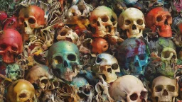 a picture of a dark, comedic, anatomically correct wall of colorful tightly packed skulls of varying sizes and expressions, photo realistic, insanely meticulous, highly detailed, part of a collection of bones on display, 64k, dystopian, vray