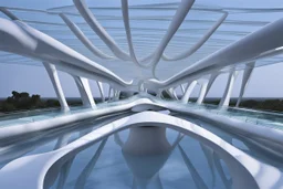 a futuristic glass bridge made of glass by architect "Calatrava",by artist "Zaha Hadid"