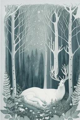 in a cosy vintage style, a white stag sleeps in a forest