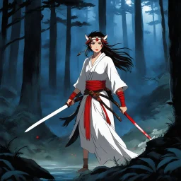 Princess Mononoke, fierce and untamed in her rage, standing amidst the ancient forest under the soft glow of the moonlight. Her linen dress billows gently in the night breeze, revealing her warrior spirit and connection to the wild. The red war paint on her face tells tales of battles fought and a spirit unbroken. With her wakizashi in hand, the short sword a symbol of her strength and determination, Princess Mononoke takes her stance in Chu-dan No Kamae, the eternal guardian of the forest rea