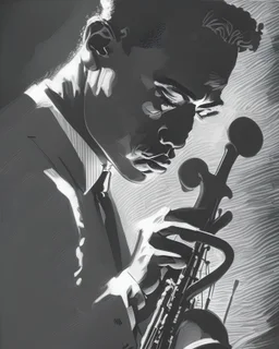 A dynamic portrait of a jazz musician, immersed in the act of playing their instrument, in the style of chiaroscuro, high contrast between light and shadow, bold lines, and a sense of movement, inspired by the works of Caravaggio and Frank Miller, capturing the passion and energy of live performance.
