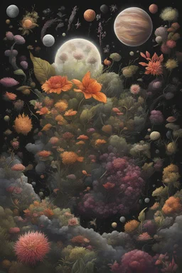 diseased Flora and fauna at the End of the Multiverse rising from a black liquid surface.