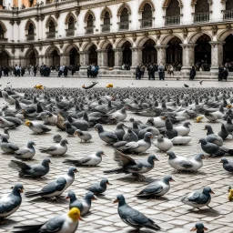 Lots of pigeons eating grains in a large square