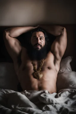 full figure photography, 35mm lens, ugly burly gypsy man 36 years old lying over the bed, with hands behind the head, hairy armpits, manly armpits, ugly and dirty, manly chest, hairy chest, muscular chubby, manly chest, shirtless, with ripped boxer, thin gold necklace, emotive eyes, photorealistic , dim side light, ambient occlusion, in the dark