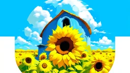 A modern cubic house with a large circular window set in a field of sunflowers under a bright blue sky with fluffy white clouds. The image has a painterly style, with visible brushstrokes and textured application of paint, evoking a sense of impressionism. The colors are vibrant and saturated, with the yellow of the sunflowers and the blue of the sky dominating the scene. The architecture is minimalist and geometric, contrasting with the organic and wild growth of the flowers. The lighting sugge
