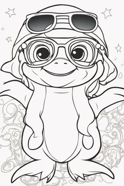 Outline art for cute coloring pages with dolphin with glasses, full body, white background, sketch style, only use outline, clean line art, no shadows and clear and well outlined.