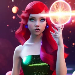 Pretty teenage girl with red hair who is dressed like a space witch casting a spell, girl has green eyes, background is realistic space renditions, wearing a black emo dress, full body portrait, rendered, unity 3d, unreal engine, dslr, hdr, 4k, edited, photorealistic