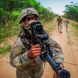 american soldier in vietnam taking a selfie with a gopro while running from combat