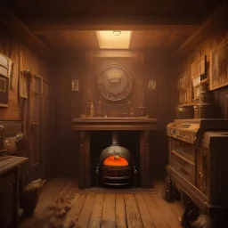 an viking fire place in old house, scary, steam punk, realistic, made in octane, cinematic, ultra-realistic, extremely detailed octane rendering, 8K, VRAY Super Real ar 2:3, dof photorealistic futuristic 50mm lens hard lighting dark gray tintype photograph, realistic lighting, sepia color