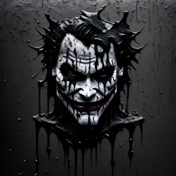 3D emblem, made of black mud, dirt drips from the shoulders, a gloomy look, joker smile, simple background, photorealistic.