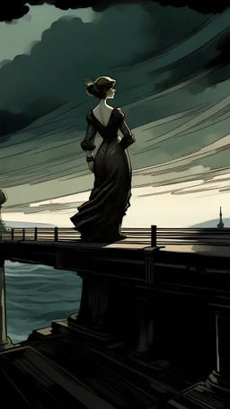 Ilustrasikan dengan gaya Art Nouveau yang memukau. perempuan berdiri di ujung beton pemecah ombak, sikap tegar namun lelah dengan pose yang sensual. Gambarkan pikiran negatif sebagai awan hitam di sekitarnya. Gunakan cahaya remang-remang dan warna suram untuk menciptakan atmosfer dramatis. Fokuskan pada simbol kekuatan, tombak, dan ombak yang memecah sebagai representasi perjuangan dan ketahanan. ilustrasi dipenuhi ornamen Art Nouveau, termasuk motif bunga melingkar, daun lembut, serta pola-pola