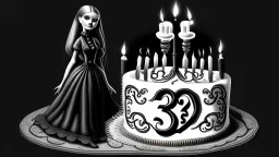 draw a birthday cake with logo number 23 and one candle 23 ,Insanely detailed Addams Family movie still with Barbie dolls