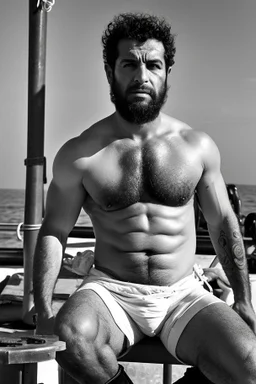 photography of An iranian offshore worker, shirtless, wearing bulging heavy-duty work pants and sturdy boots, sitting under the scorching sun on a merchant ship, man 50 years old, manly chest, muscular chubby , tattoo, curly beard, dirty, serious, long hair, ugly, big thighs, bullneck, big shoulders, photo realistic, photographic, super detailed, hyper realistic, UHD, frontal view , ambient occlusion