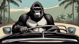 Gorilla wearing thick glasses driving a convertible. Illustration.