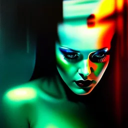 portrait oil on canvas, beautiful punk busty female Cyborg, looking to viewer, sad green eyes, post-apocalyptic in a cyberpunk city,minimal skintight suit, blade runner, comic book cover, mystical colors, neon, insanely detailed,realistic,intrincate detail, 16k resolution, masterpiece, Adam hughes