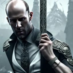 Jason Statham, long black hair, elemental face, Unreal Engine 5, highly detailed, highest quality, digital painting, complex 3d render, unreal engine render, insane detail, intricate photograph quality, magnificent, majestic, highly intricate, Realistic photography, grand hall, wicked throne, holding scepter, crown of barbwire, dark color palette, metallic, highly detailed, highest quality, digital painting