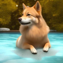 finnish spitz brown swimming in a pool, detailed, RTX, fantasy, 8K