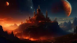 A fortress in cosmos, towers , mountains. space color is dark ORANGE, where you can see turrets and smell the smoke, galaxy, space, ethereal space, cosmos, and panorama. Palace, Background: An otherworldly planet, bathed in the cold glow of distant stars. gloomy landscape with dramatic HD highlights detailled