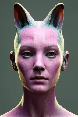 Medium Close Up Portrait, Front image. cyberpunk, rabbit mask, british woman, short hair. Latex suit army. Pink, white, color. Playboy style. Color background, photo studio. Avatar image, highly detailed, concept art, smooth, unreal engine 5, ray tracing, RTX, lumen lighting, ultra detail, volumetric lighting, 3d, finely drawn, high definition, high resolution.