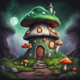 Outer space mushroom house on a lush green space island. Rich brown dirt and Bright Crystals comprise the base of the island. The Mushroom house has a lantern hanging above the door and a wispy green smoke rising from a gray stone chimney. Bold Bright Colors, Stark Dark background. Fantasy Style. High Quality, Painterly, Whimsical, Fun, Imaginative, Bubbly,