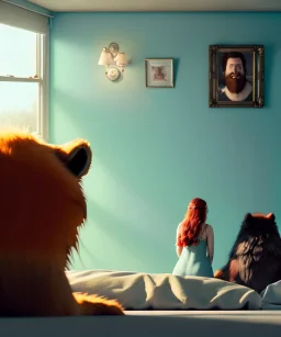 Realistic bedroom scene. big furry monster sitting next to human girl from behind. Wes Anderson style. Red hair, smile, happy, gradient color fog. highly detailed, concept art, unreal engine 5, ray tracing, RTX, lumen lighting, ultra detail, volumetric lighting, 3d, finely drawn, high definition, high resolution.