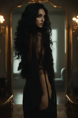 Close up of a beautiful woman with long curly black hair standing in front of a mirror, she doesn't see, but her reflection in the mirror is a dark demon with intense scary eyes looking back at her. Super realistic, 8k high quality