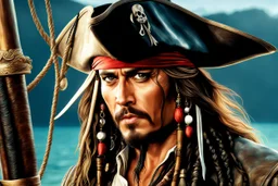 Johnny deep in 8k cgi game drawing style, Jack Sparrow them, pirate custom, close picture, rain, Ocean, intricate details, highly detailed, high details, detailed portrait, masterpiece,ultra detailed, ultra quality