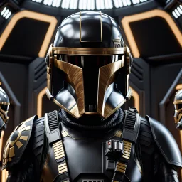 star wars bald male corellian pilot wearing dark gunmetal grey and black First Order special forces TIE pilot armored flightsuit and helmet with gold trim inside the jedi temple, centered head and shoulders portrait, hyperdetailed, dynamic lighting, hyperdetailed background, 8k resolution, volumetric lighting, light skin, fully symmetric details