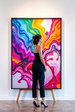 A women painted with Liquid abstract painting, bright colors Stand, liquid pattern in side large 3D picture frame