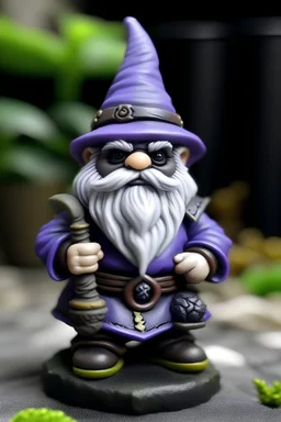 dnd beardless gnome with dark grey skin, purple eyes, white hair, alatriste hat