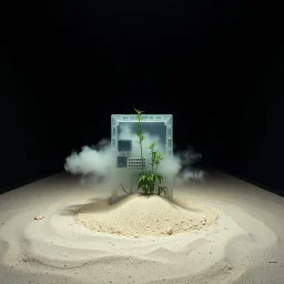 A photo of a closed environment in a dark closed space. In the background there is a factory. At the center, a structure made of plastic. Some electronical devices. Plants, clouds. The surface below appears to be sandy, with small accumulations of sand. Fog, powder. In the background, other forms or structures are visible, some of which are thin and transparent. The photo was taken with a Hasselblad H6D 400c camera.