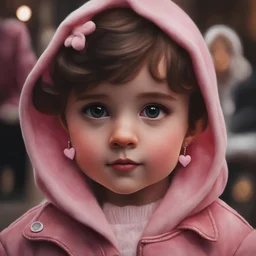 Painting of a little girl with big hazel eyes and short brown hair with a pink jacket and heart earrings, 2 years old, adorable eyes, cute face, light colors, adorable little girl, oil pastel, oil pastel painting, oil painting, painting style