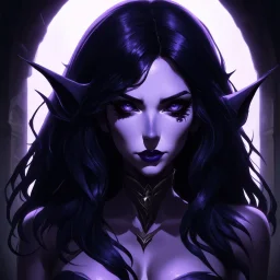 drow elf woman, dark hair, purple skin, digital art, dark fantasy