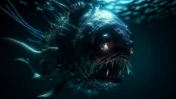 aggressive, Deep Sea, Anglerfish with LED center of head, underwater, High Definition HD, High Detail, Perfect Composition, Detailed Structure, Crazy Octane Rendering, Artstation Trends, 8k Art Photography, Photorealism Concept Art, 3D Cinematography, Perfect Light, 3D -rendering, famous outstanding typography, 3d render, cinematic, dark fantasy