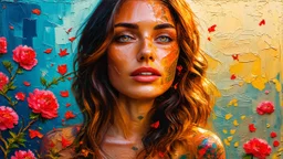 Mixed Media, Impasto, Layered, Distressed Vignette, Collage, Impasto, Highly Rough Textured, Dimensional, Very Rough Paint Brushstrokes, Alcohol Ink, Double Exposure, A WOMAN with a serene expression surrounded by vibrant peony storms and warm golden light, her skin etched with delicate botanical tattoos and her eyes reflecting the iridescent colors of her surroundings, Lens flare, glow, dissolves into digitally created composites of inky turbulent frames that send rusty scarlet petals soaring i